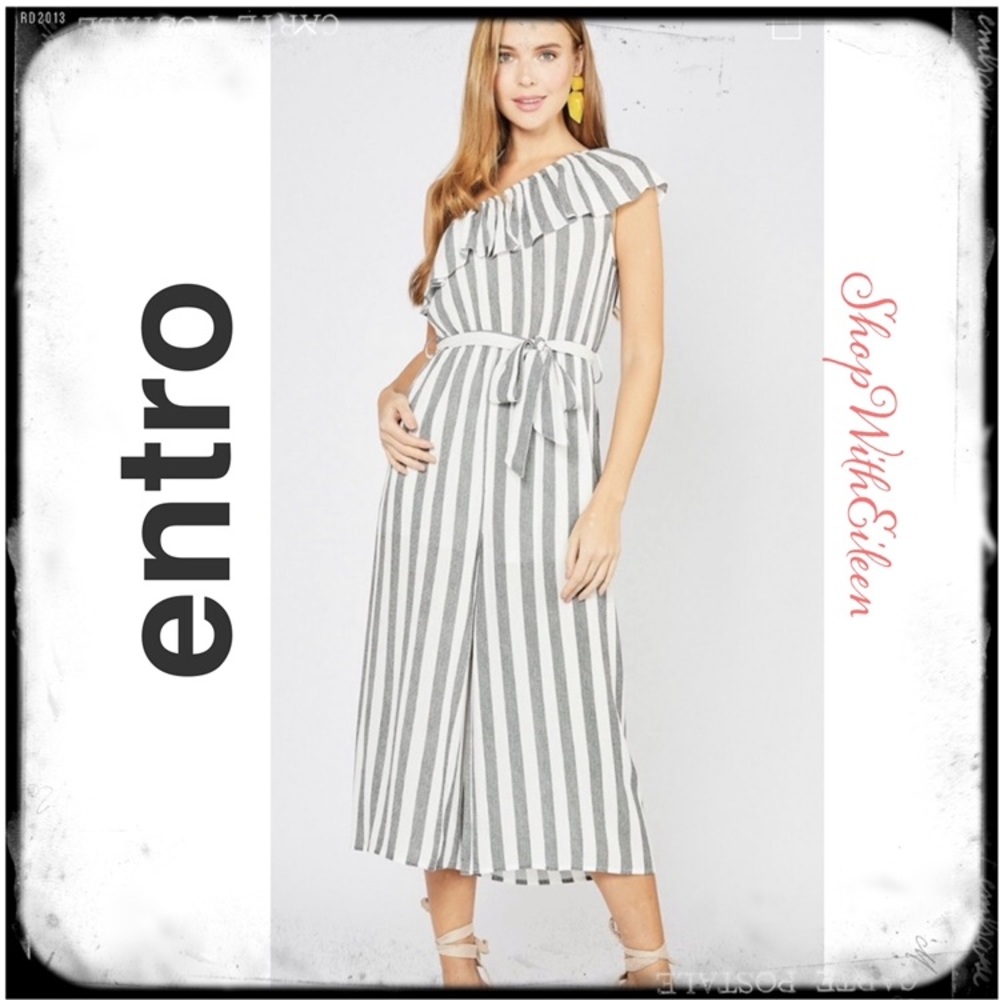 Entro Charcoal White Stripe One Shoulder Capri Jumpsuit Romper Jumper